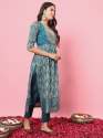 Saiyaara Teal Cotton Silk Embellished Flared Suit Set thumb 2