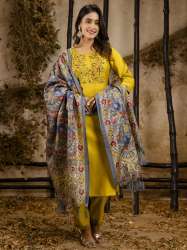 Satrangi Lemon Embroidered Viscose Rayon Straight Suit Set