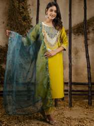 Shenha Women's Embroidered Viscose Rayon Calf Length Straight Kurta Trouser with Dupatta Set