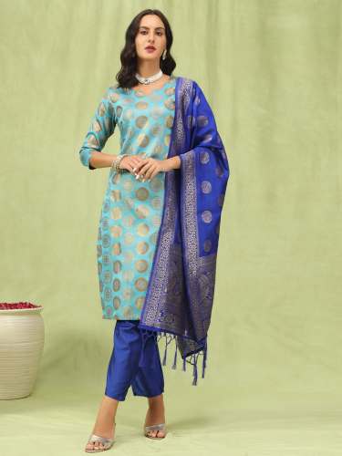 sky blue Cotton Silk Jacquard Kurta Pant With Banarasi Silk dupatta