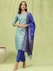sky blue Cotton Silk Jacquard Kurta Pant With Banarasi Silk dupatta