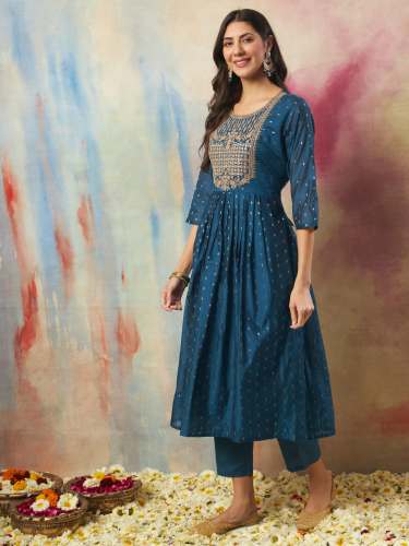  TEAL Nritya Women Flared Kurta and Trousers Pant Set Cotton Silk Blend