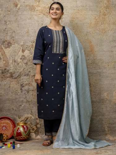 Teal Women Kurta and Pant Sets Silk Blend Fabric