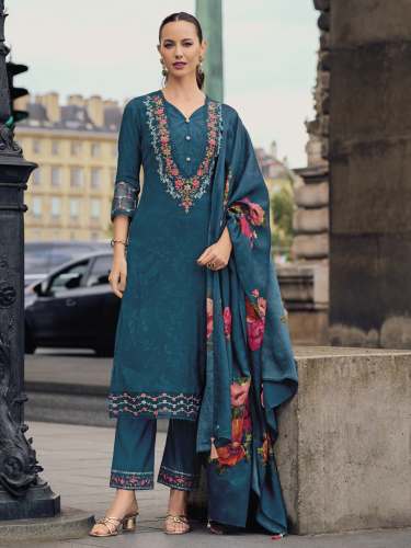  Teal Women Silk Blend Kurta Pant Dupatta Set
