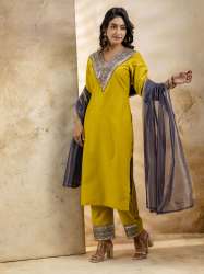 Women's Embroidered Viscose Rayon Calf Length Straight Kurta pant Set