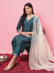 Triveni Silk Blend Kurta and Trouser Set with Organza Dupatta