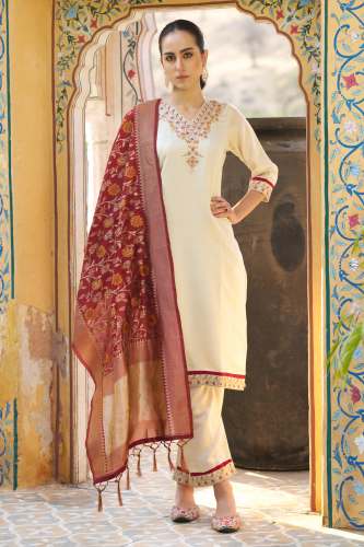 PPTOSS RETAIL PRIVATE LIMITED Varnika Womenâ€™s Silk Blend Kurta Pant Set with Banarasi Dupatta Embroidered Ethnic Wear 