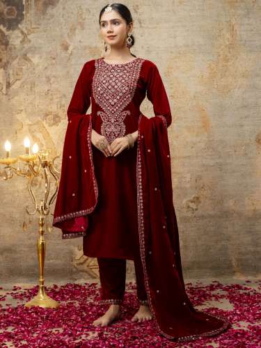 velvet maroon top bottom duppta set