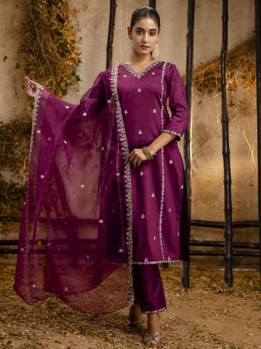 Viraasa Women's Embroidered Silk Blend Calf Length Straight Kurta Trouser with Dupatta Set