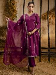 Women's Embroidered Silk Blend Calf Length Straight Kurta Dupatta Set
