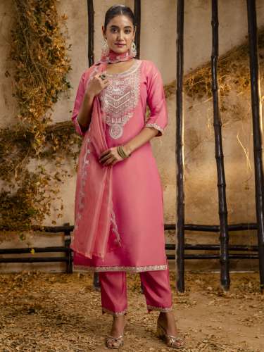 Women's Embroidered Silk Blend Calf Length Straight Kurta Trouser with Dupatta Set