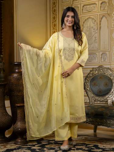 Women's Embroidered Silk  soft  yellow Blend Calf Length Straight Kurta with Palazzo & Dupatta Set 