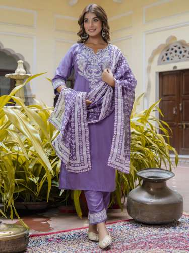 Women's Embroidered Silk Straight Kurta Trouser with Dupatta Set