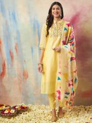 Yellow Anokhi Women Kurta and Trouser Duppata Set chanderi modal Butti