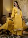 yellow Women's Embroidered Silk Blend Calf Length Straight Kurta with Palazzo & Dupatta Set