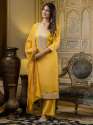 yellow Women's Embroidered Silk Blend Calf Length Straight Kurta with Palazzo & Dupatta Set thumb 1