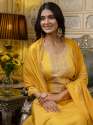 yellow Women's Embroidered Silk Blend Calf Length Straight Kurta with Palazzo & Dupatta Set thumb 3
