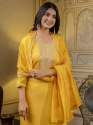 yellow Women's Embroidered Silk Blend Calf Length Straight Kurta with Palazzo & Dupatta Set thumb 4