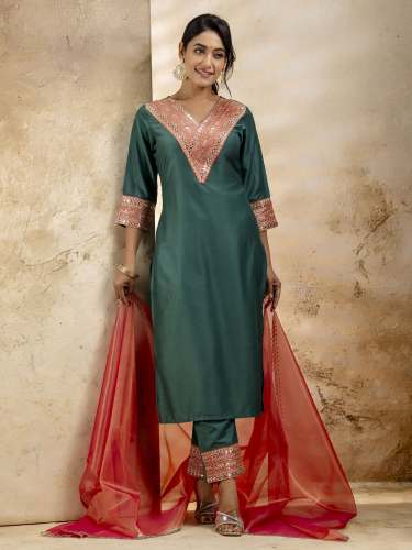 Women's Embroidered Viscose Rayon Straight Kurta Trouser with Dupatta Set