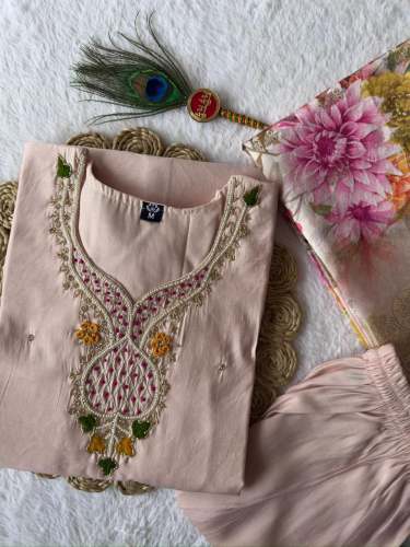 Premium Roman Silk  Hand Work  Kurti Pant Dupatta Set