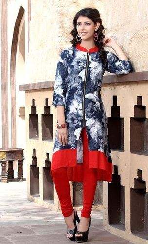 Designer Printed Denim Blue Rayon Kurti
