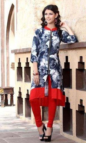 Designer Printed Denim Blue Rayon Kurti by HIVA LIFESTYLES PVT LTD