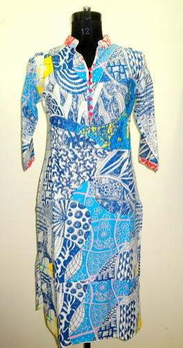 Blue Geometric Print Cotton Kurti by Ishima International