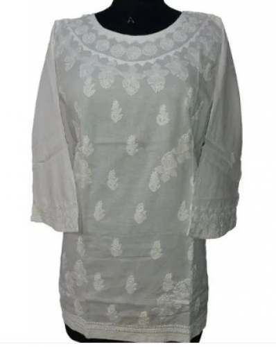 White Dyeable Chikan Cotton Kurti  by Nazaqat