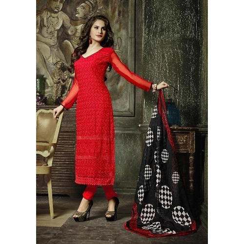 Designer Red Semi Stitched Georgettet Suit  by Universal Apparels Company
