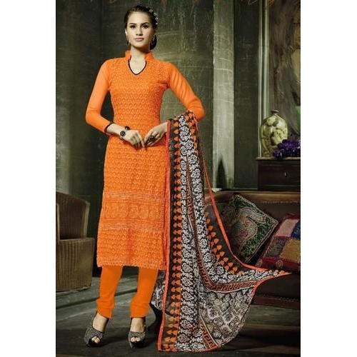 Orange Embroidered Semi Stitched Ladies Suit  by Universal Apparels Company
