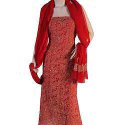Designer Red Unstitched dress Material