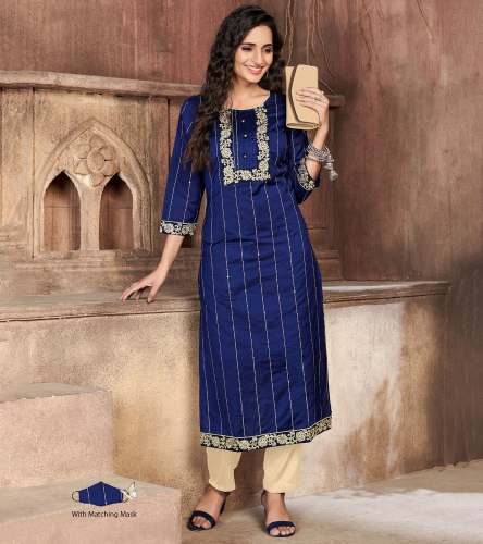 Royal Blue Staright Cut Chanderi Cotton Kurti 