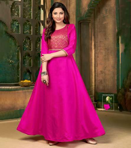 Stylish Brocade Flared Pink Gown 