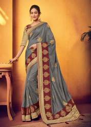 Awesome Grey Color Two Tone Silk Embroidered Saree