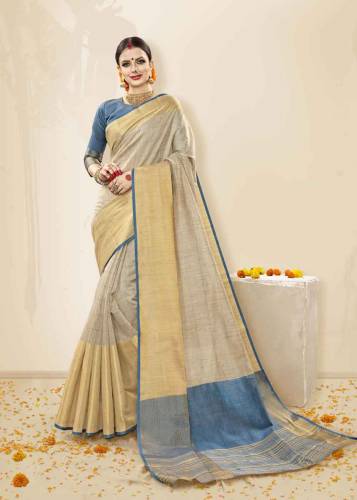 Beige And Blue Color Cotton Handloom Silk Saree