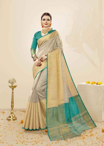 Beige And Green Color Cotton Handloom Silk Saree