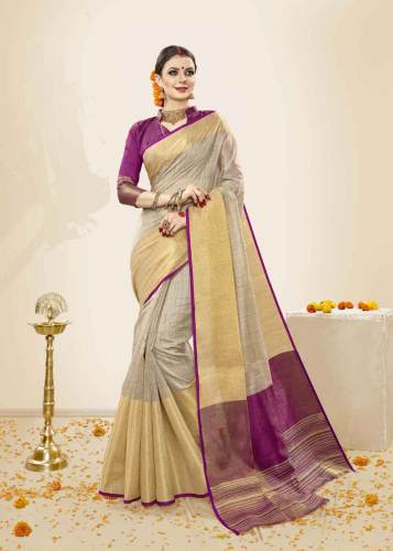 Beige And Purple Color Cotton Handloom Silk Saree by Gunj Fashion
