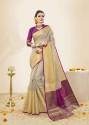 Beige And Purple Color Cotton Handloom Silk Saree