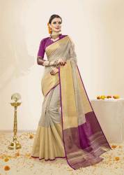 Beige And Purple Color Cotton Handloom Silk Saree
