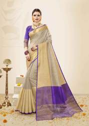Beige And Violet Color Cotton Handloom Silk Saree