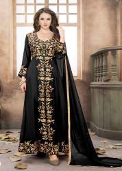 Black Faux Georgette Embroidered Floor Length Suit