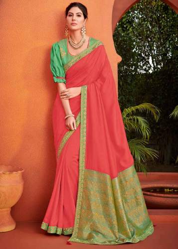  Orange And Green Color Silk Party Wear Saree
