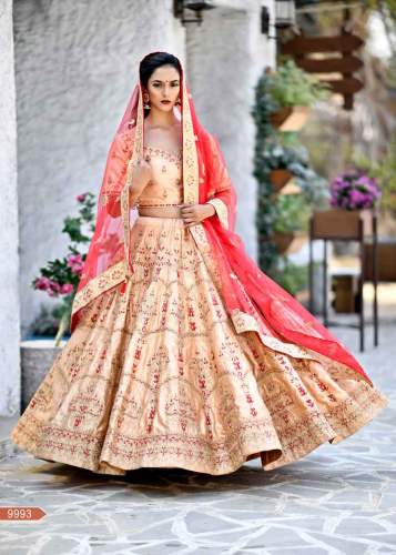  Peach Color Malai Satin Resham Work Lehenga Choli