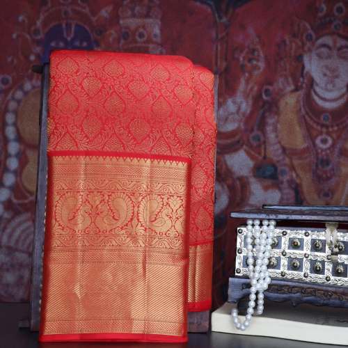 Bright Burnt Orange Kanjivaram Silk Saree 