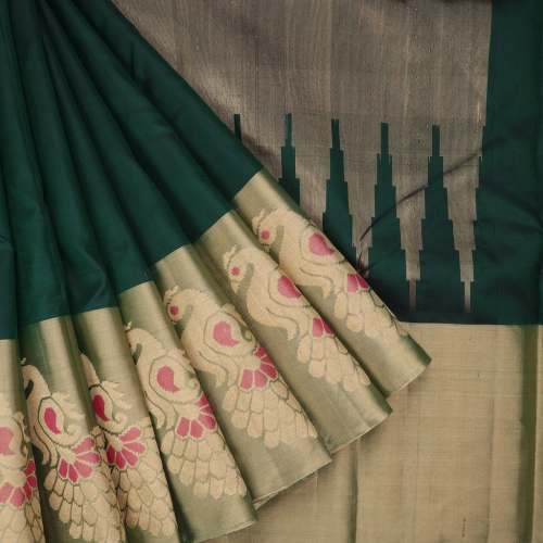 Dark Green Kanjivaram Silk Saree With Mayil Motifs by SINGHANIA S