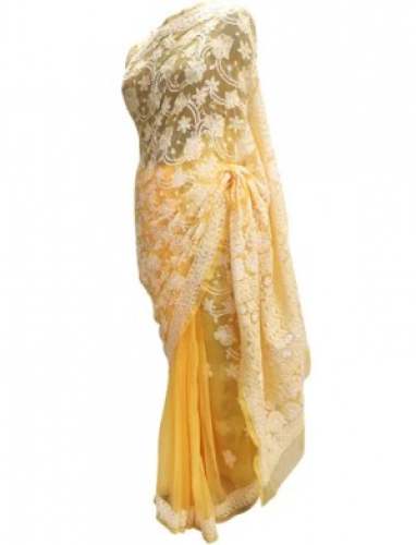 Hand Embroidered ChikanKari Yellow Saree by Anvi Creations