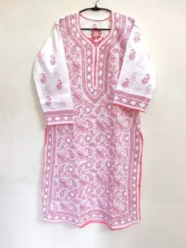 Light Pink and White Hand Chikankari Kurti  by Anvi Creations