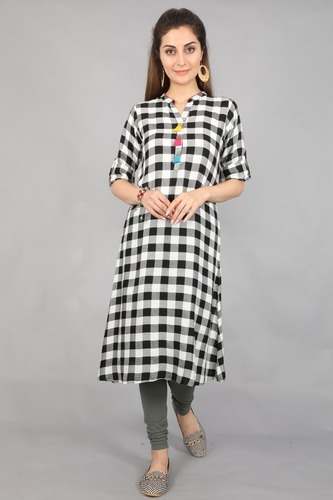 Black Mandarin Collared Rayon Kurti
