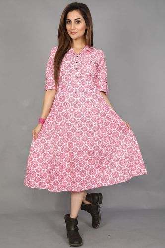 Neels Printed Pink Cotton Flared Dress