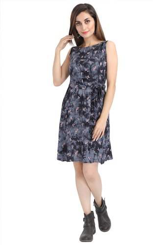 Printed Black A-line Dress with Belt